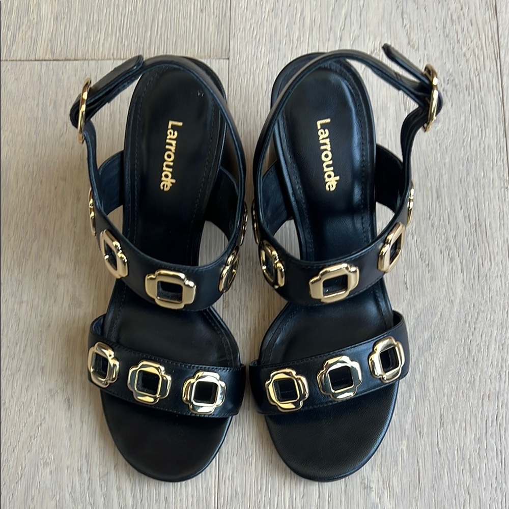 Larroude Black Sandals with Gold Buckles